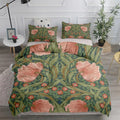 Housse de couette motif floral victorien fleurs roses sur feuillage vert olive