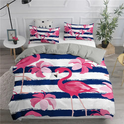 Housse de couette Flamant Rose, flamants roses sur rayures marine et blanc