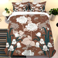 Housse de couette fleurs et roses blanches sur fond marron