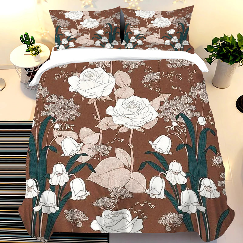 Housse de couette fleurs et roses blanches sur fond marron