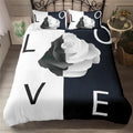 Housse de couette Couple Chacun son Côté, mot Love et rose sur fond noir et blanc