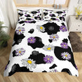 Housse de couette peau de vache noir et blanc avec marguerites violettes
