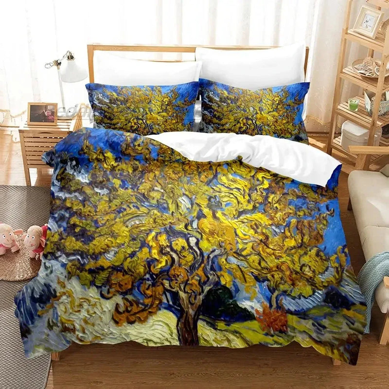 Housse de couette Van Gogh, arbre doré sur fond bleu nuit façon peinture