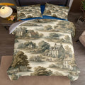 Housse de couette toile de Jouy paysage de campagne vert grisé