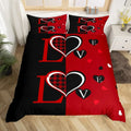 Housse de couette Amour & St-Valentin, mot love et cœurs à carreaux, fond noir et rouge