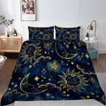 Parure de lit Soleil & Lune, lune et soleil dorés avec étoiles sur fond bleu nuit