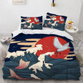 Housse de couette Vague de Kanagawa, vagues avec soleil rouge et oiseau en vol