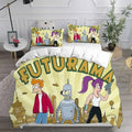 Housse de couette Futurama, Fry Bender et Leela devant la ville sur fond jaune