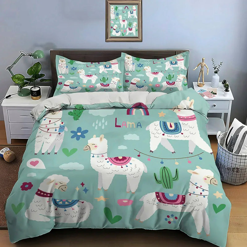 Housse de couette lama motif lamas et cactus sur fond vert d'eau