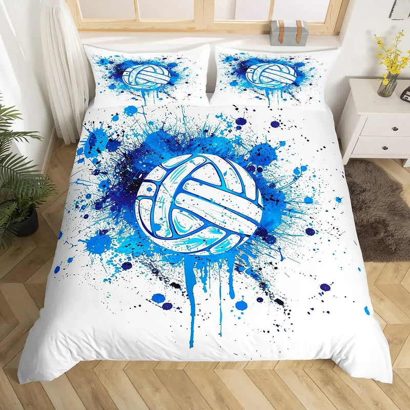 Housse de couette volleyball ballon et éclaboussures bleues sur fond blanc