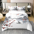 Housse de couette Sakura, branche de cerisier et barque sur fond blanc