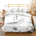 Housse de couette motif asiatique blanche, paysage à l’encre