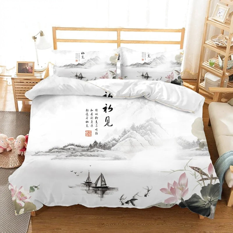 Housse de couette motif asiatique blanche, paysage à l’encre