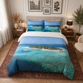 Housse de couette Maldives, îlot et lagon turquoise avec bateau vus du ciel