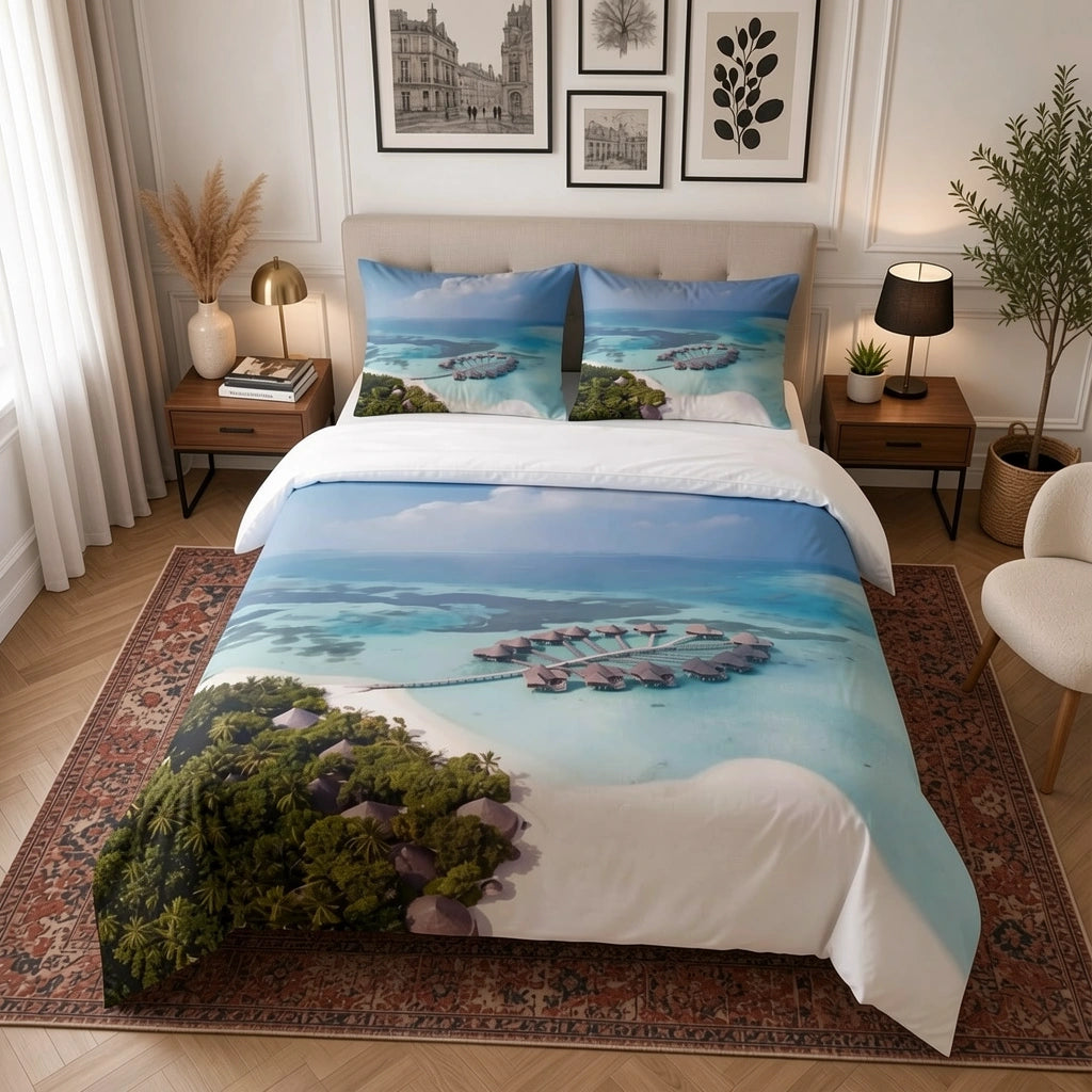 Housse de couette Maldives, lagon turquoise et bungalows sur pilotis vus du ciel