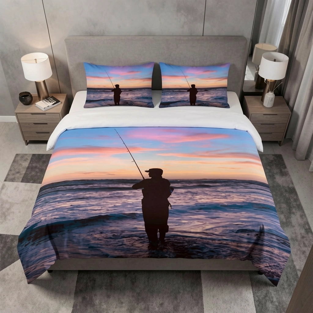 Housse de couette Paradis de pêche, pêcheur en silhouette sous un ciel rose au crépuscule